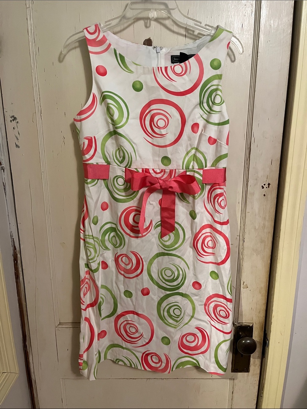 Jessica Howard White Dress with Pink & Green Swirl Print and Pink Waist Bow